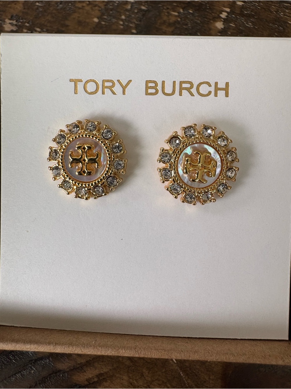 Tory Burch Gold and Mother-of-Pearl Crystal Button Earrings
